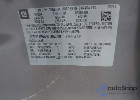 2011 Chevrolet Equinox 1Lt из США, поврежденный, VIN 2CNFLDE52B6405098